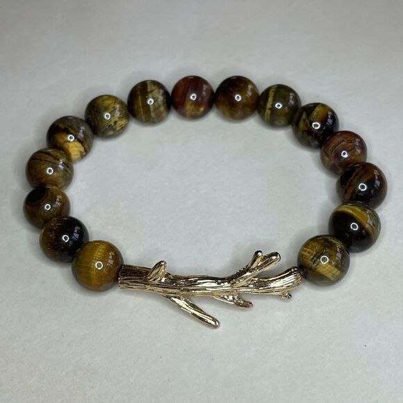 Tigers Eye Beaded Gold Tone Branch Stretch Bracelet 7in - Picture 1 of 7